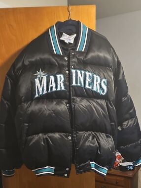 STARTER Black Puffer Jacket with Teal and White Trim
